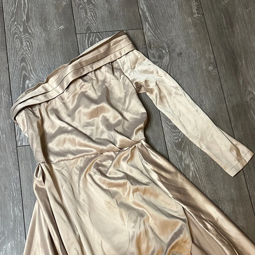 Boohoo Satin Asymmetric Draped Maxi Dress/ Formal Gown- Champagne - Picture 2 of 5